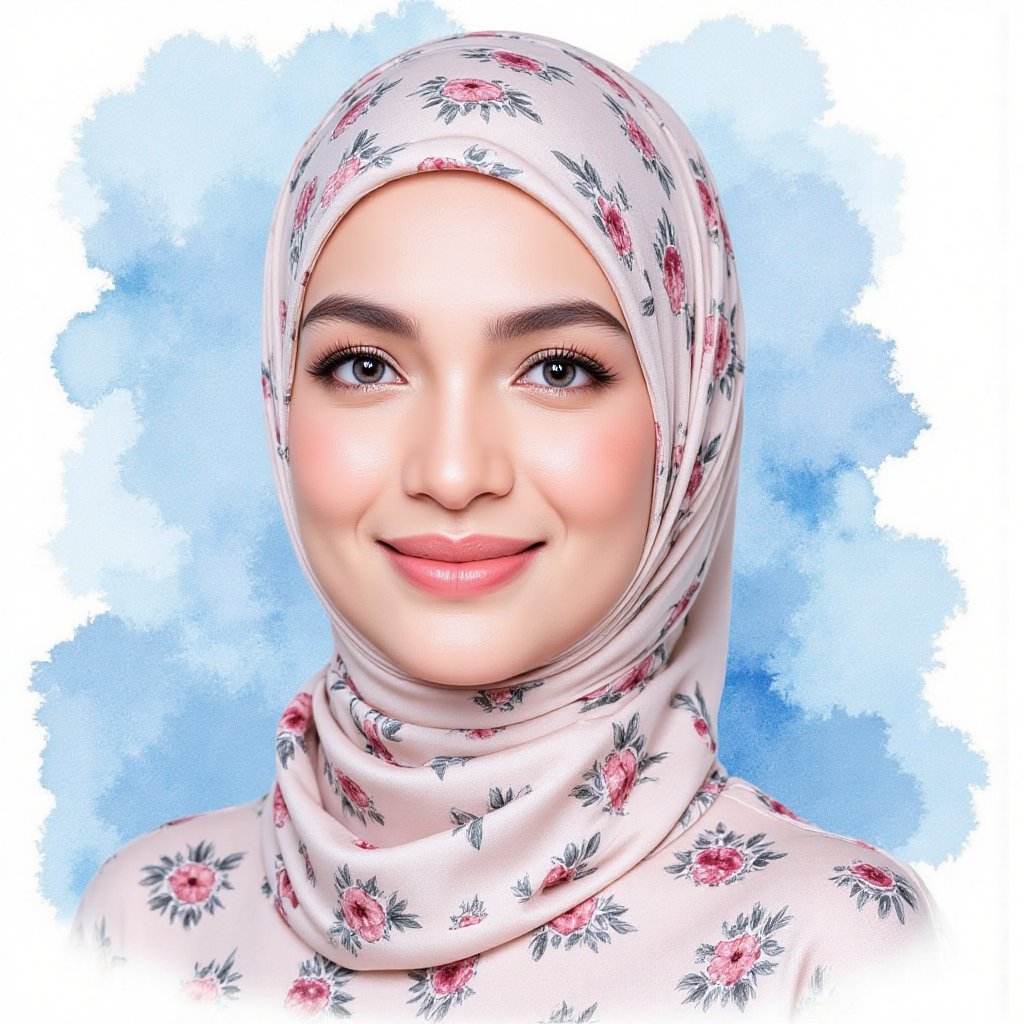 Full long shot a portrait ,  Asian woman hijab small flora and blouse pattern small flora,  beautiful by jusTomat on Tenso...