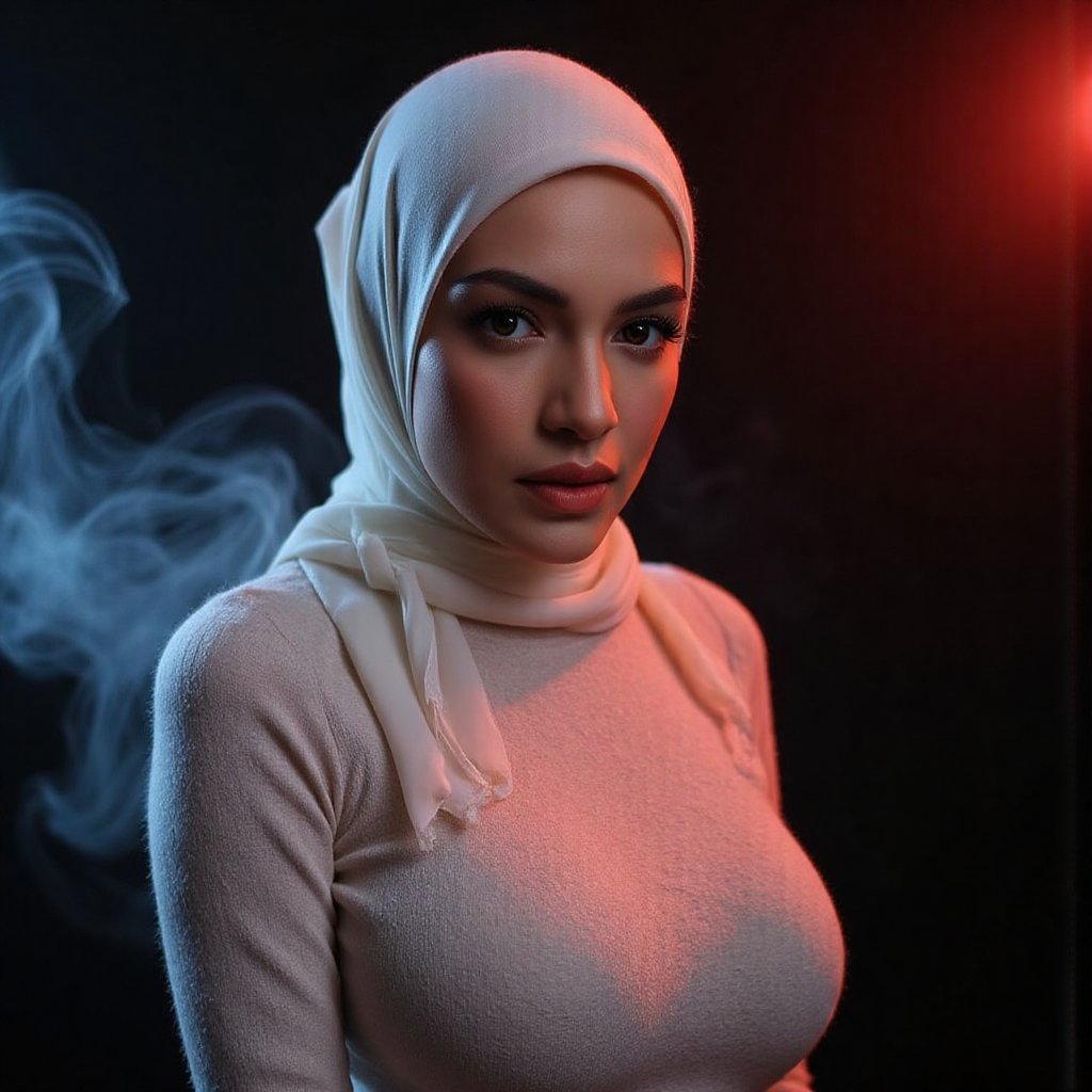 This image is an evocative,  seductive,  high-definition picture of a breathtakingly gorgeous model wearing hijab by jusTo...