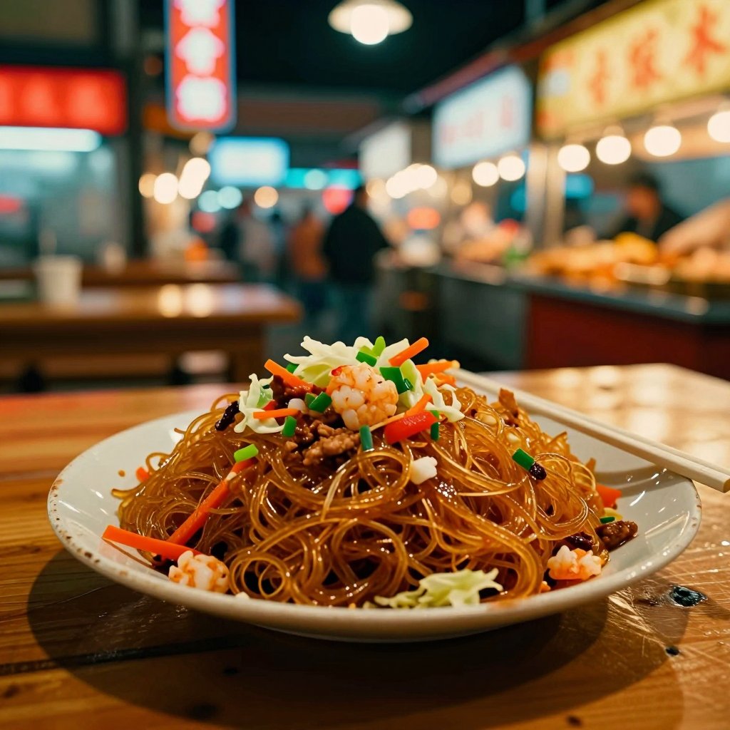 A plated serving of Fried Glass Noodles neatly arranged on a slightly worn ceramic plate at a Taiwanese night market stall...