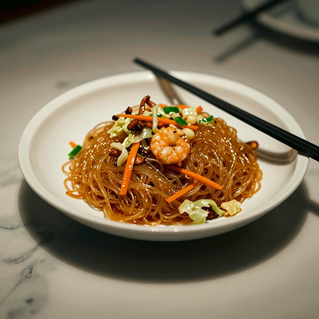 A plated serving of Fried Glass Noodles elegantly presented on a minimalist fine-dining ceramic plate. Golden translucent...