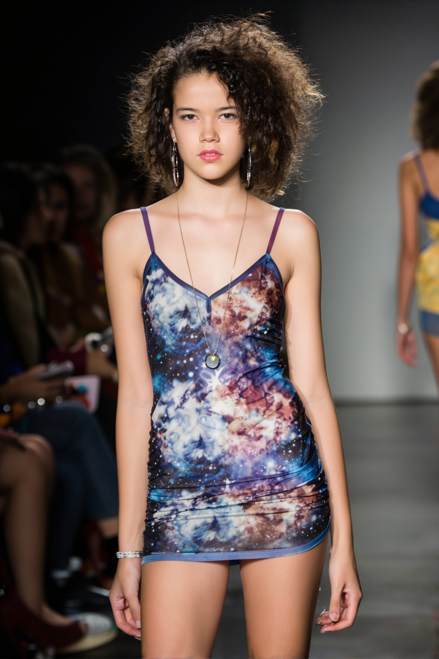 A young teen with porcelain skin at a fashion show. she is looking directly at the viewer. She has an auburn afro and wear...