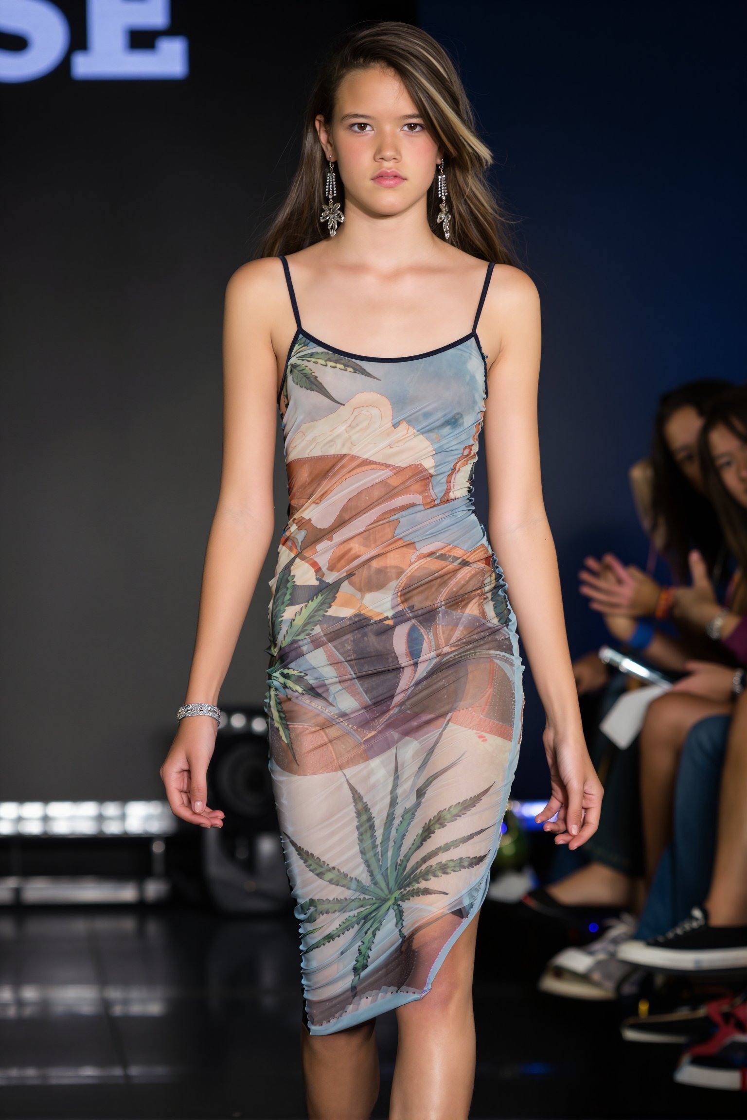 A young teen with porcelain skin,  walking the catwalk at a alternative fashion show. she is looking directly at the viewe...