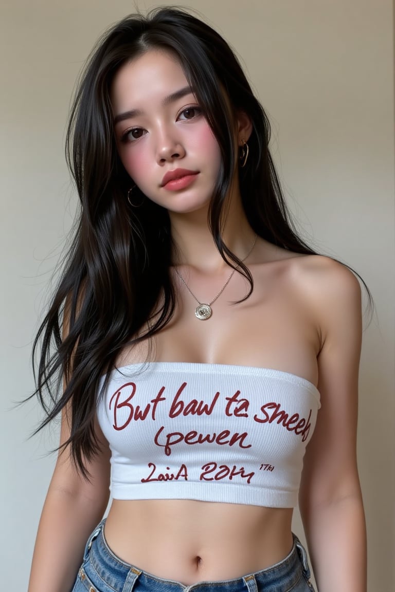 1girl solo black hair looking at viewer cleavage bare shoulders jewelry hands on own breast midriff necklace crop top deni...