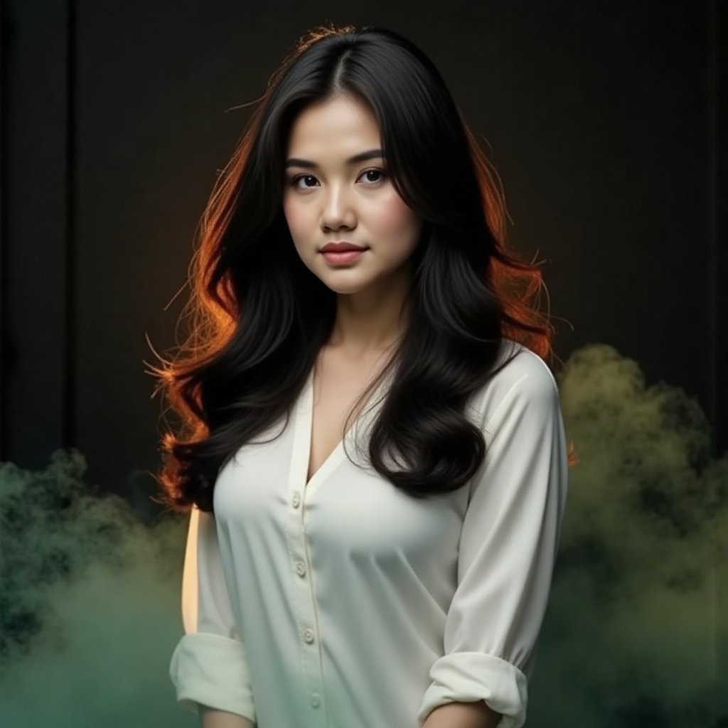 This image is an evocative,  high-definition picture of a breathtaking beautiful model captured in a low-light background....