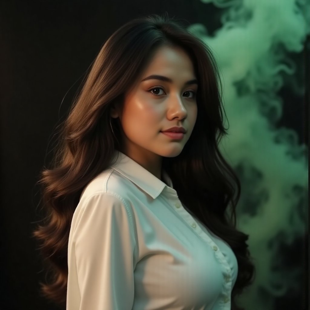 This image is an evocative,  high-definition picture of a breathtaking beautiful model captured in a low-light background....