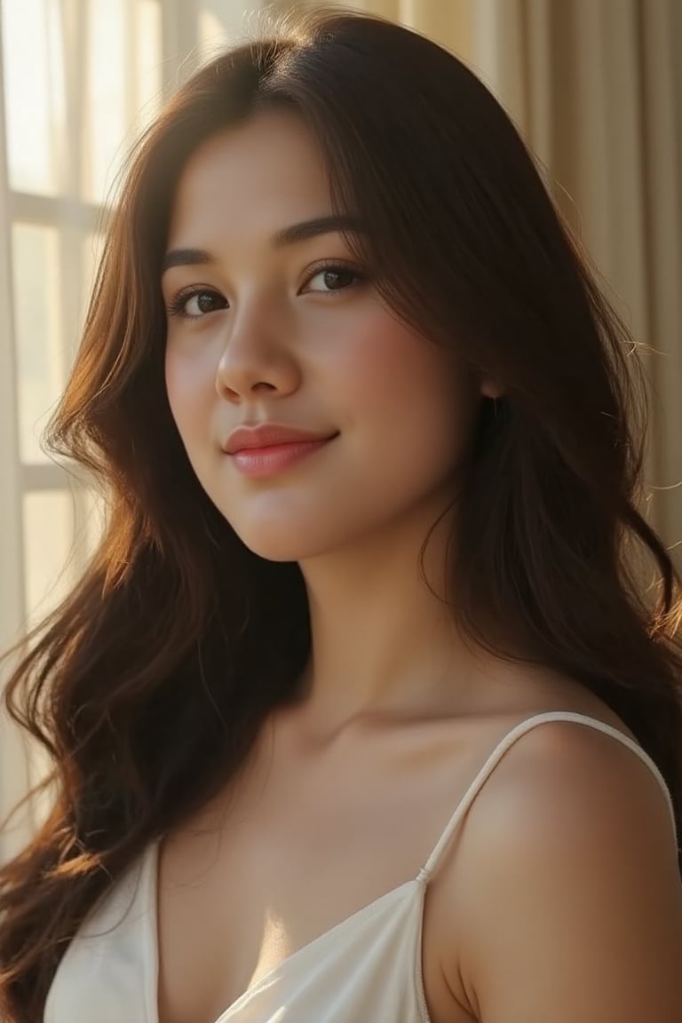 A stunning 20-year-old beautiful woman close-up within the frame,  radiant with elegance. Backlit by warm sunlight,  looki...