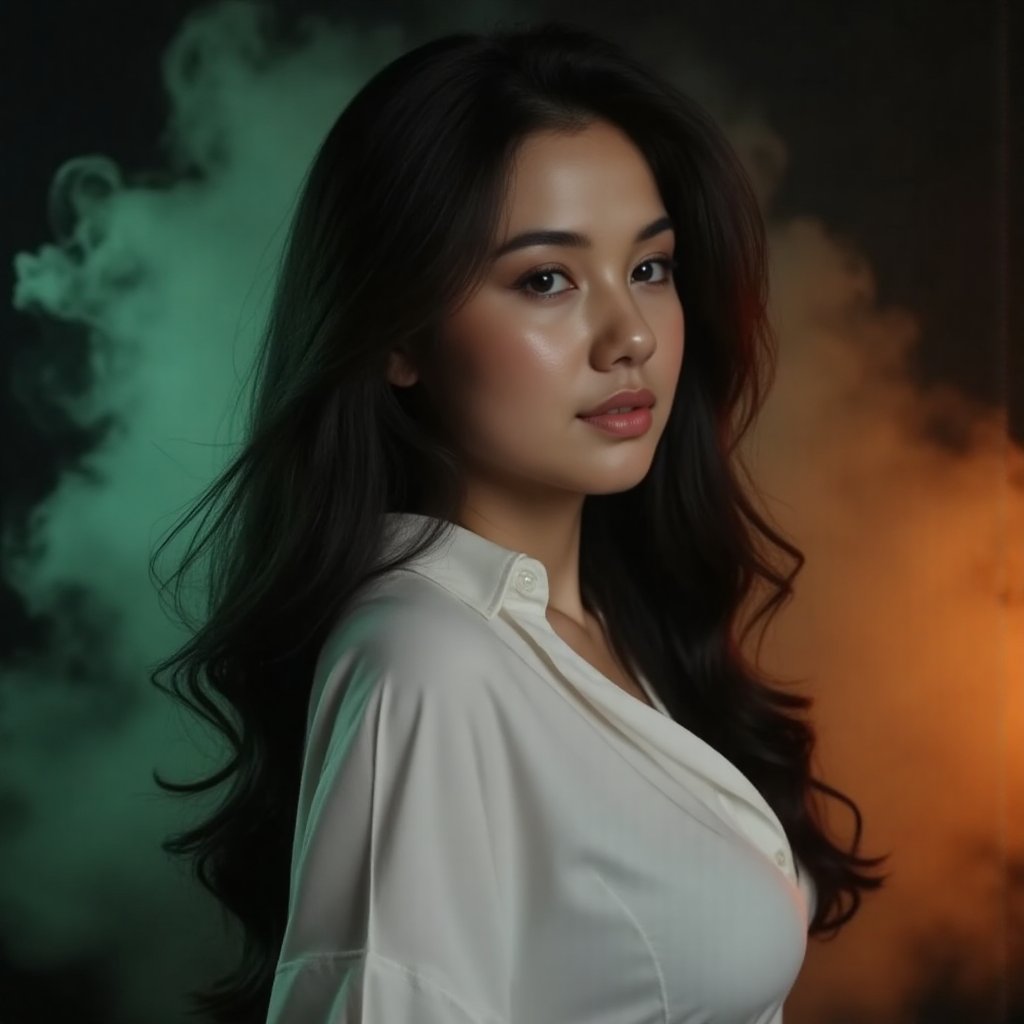 This image is an evocative,  high-definition picture of a breathtaking beautiful model captured in a low-light background....