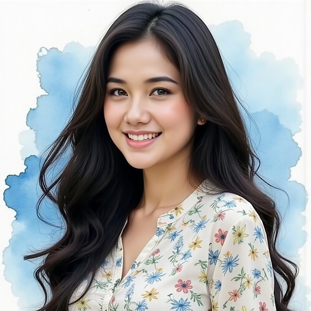 Full long shot a portrait ,  Asian woman long flowing black hair small flora and blouse pattern small flora,  beautiful by...