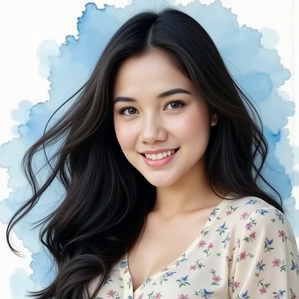 Full long shot a portrait ,  Asian woman long flowing black hair small flora and blouse pattern small flora,  beautiful by...