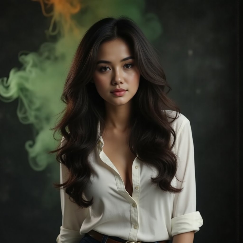 This image is an evocative,  high-definition picture of a breathtaking beautiful model captured in a low-light background....