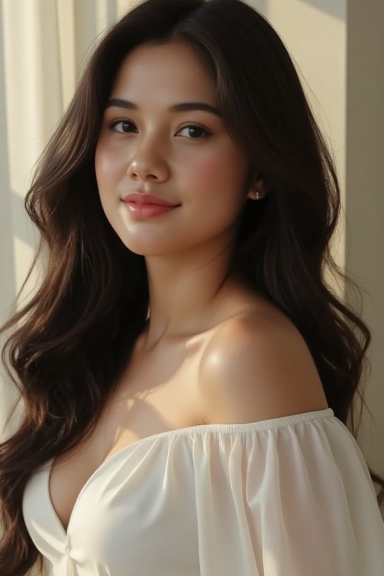 A stunning 20-year-old beautiful woman close-up within the frame,  radiant with elegance. Backlit by warm sunlight,  looki...