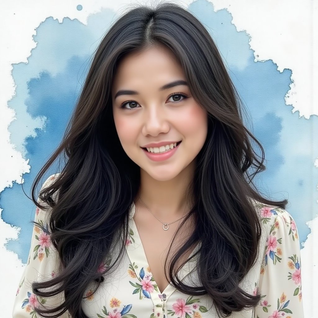 Full long shot a portrait ,  Asian woman long flowing black hair small flora and blouse pattern small flora,  beautiful by...