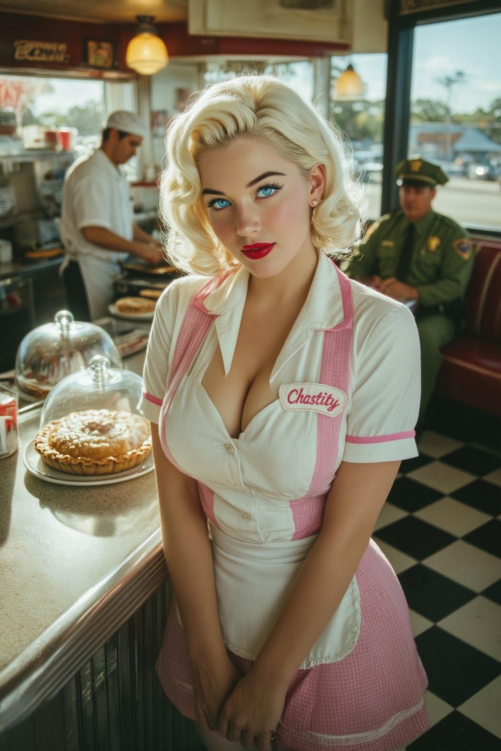midjourneyanalog13z25 photograph. A waitress named Chastity,  with her name embroidered on a tag beside her ample bosom,...