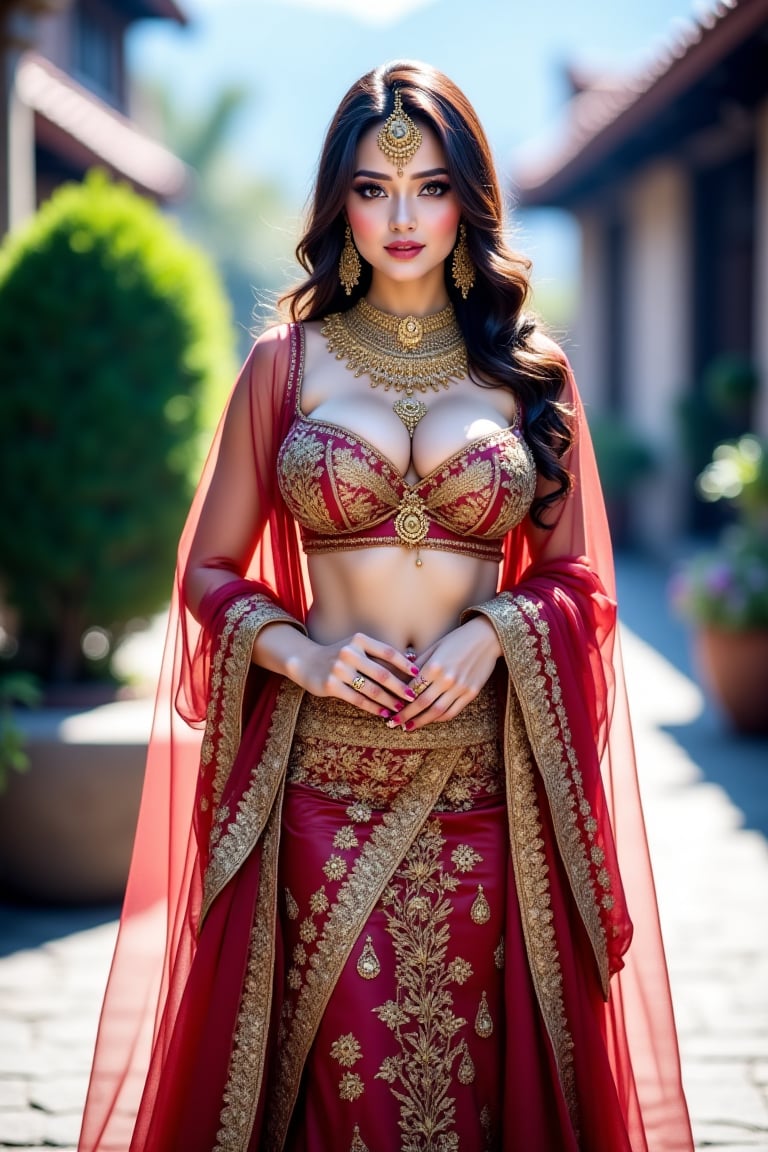 The image depicts a woman dressed in an elaborate traditional outfit,  featuring intricate gold embroidery and jewelry. Sh...
