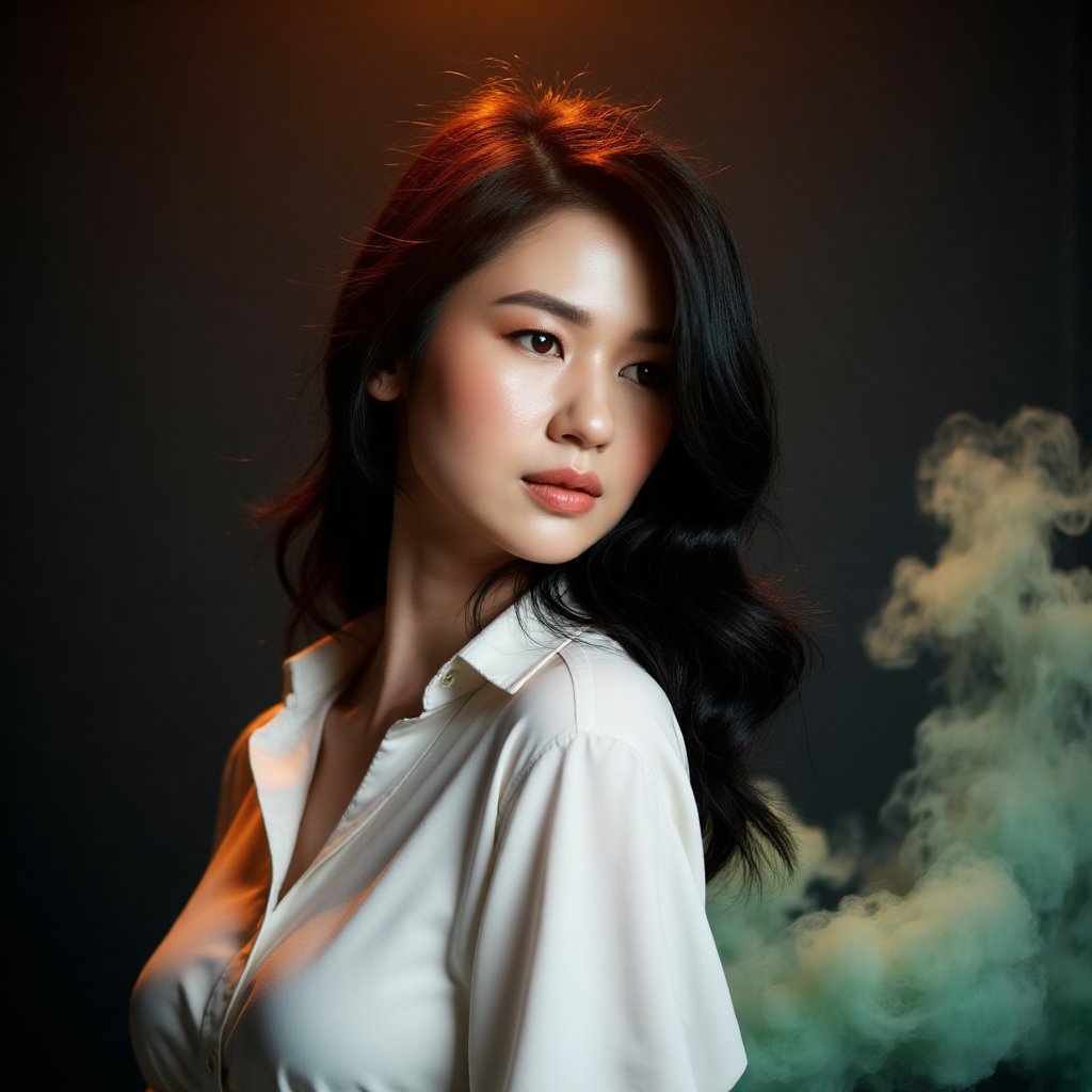 This image is an evocative,  high-definition picture of a breathtaking beautiful model captured in a low-light background....
