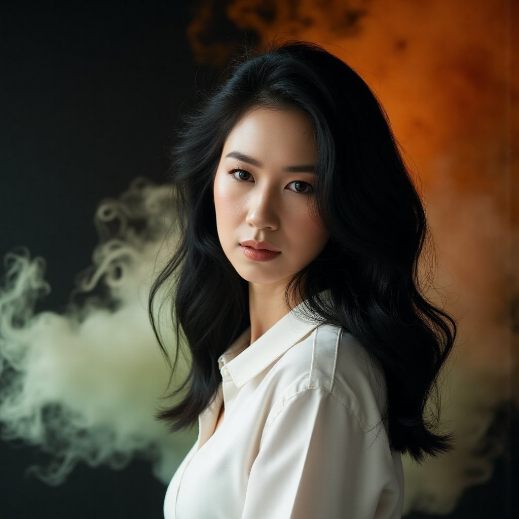 This image is an evocative,  high-definition picture of a breathtaking beautiful model captured in a low-light background....