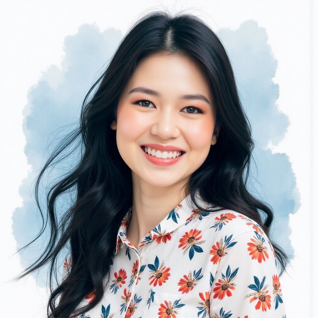 Full long shot a portrait ,  Asian woman long flowing black hair small flora and blouse pattern small flora,  beautiful by...