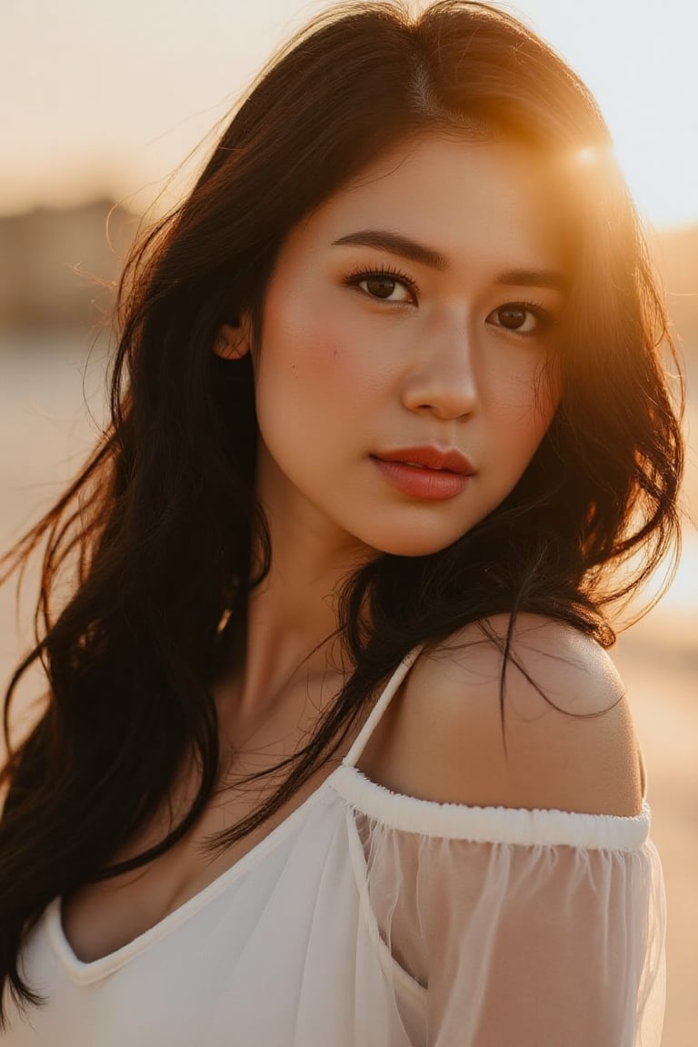 A stunning 20-year-old beautiful woman close-up within the frame,  radiant with elegance. Backlit by warm sunlight,  looki...