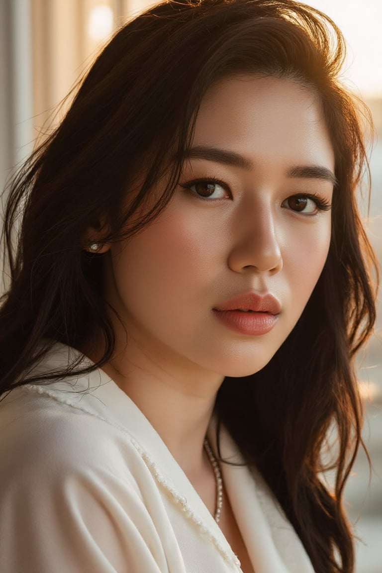 A stunning 20-year-old beautiful woman close-up within the frame,  radiant with elegance. Backlit by warm sunlight,  looki...