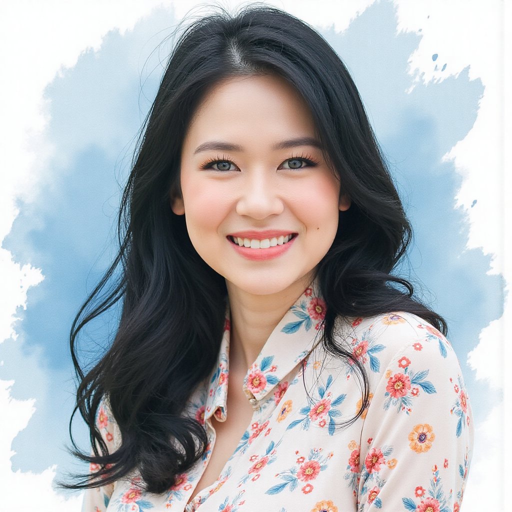Full long shot a portrait ,  Asian woman long flowing black hair small flora and blouse pattern small flora,  beautiful by...