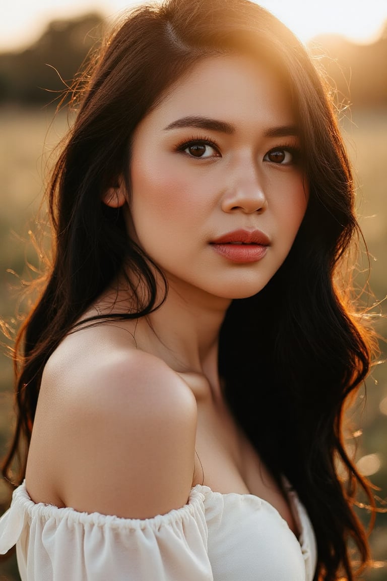 A stunning 20-year-old beautiful woman close-up within the frame,  radiant with elegance. Backlit by warm sunlight,  looki...