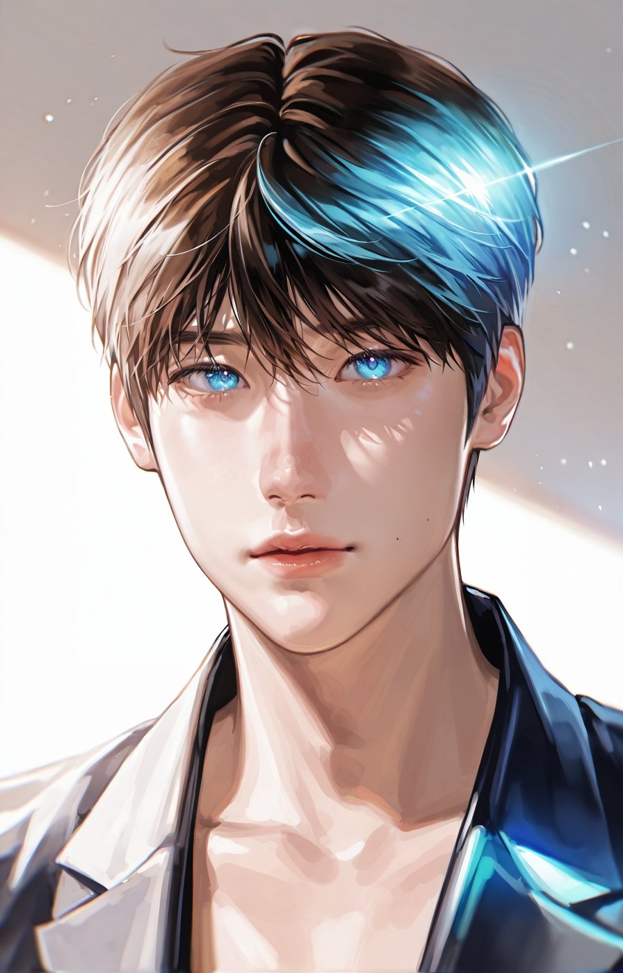 1boy,  illustration style is semi-realistic,  characterized by smooth skin textures and more expressive strokes on the hai...
