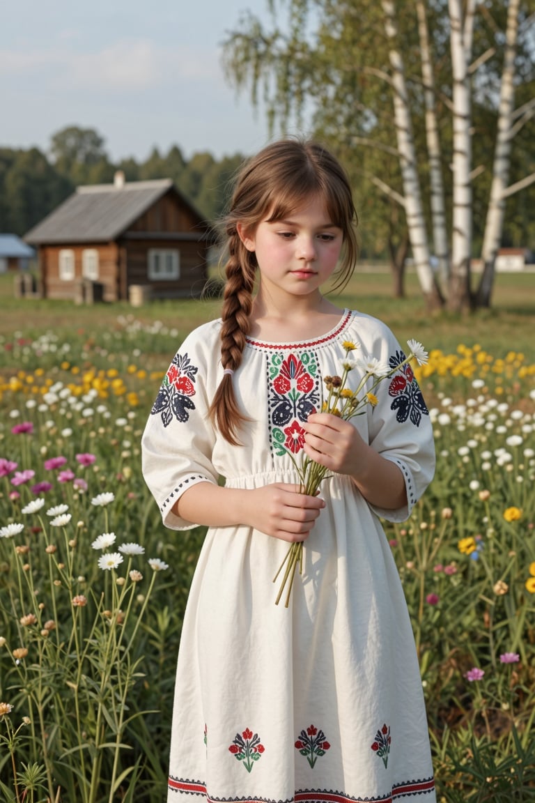 1 girl,  Laura B,  random young girl pose in traditional sundress standing in village. Background wooden hut by Hani Hebe...