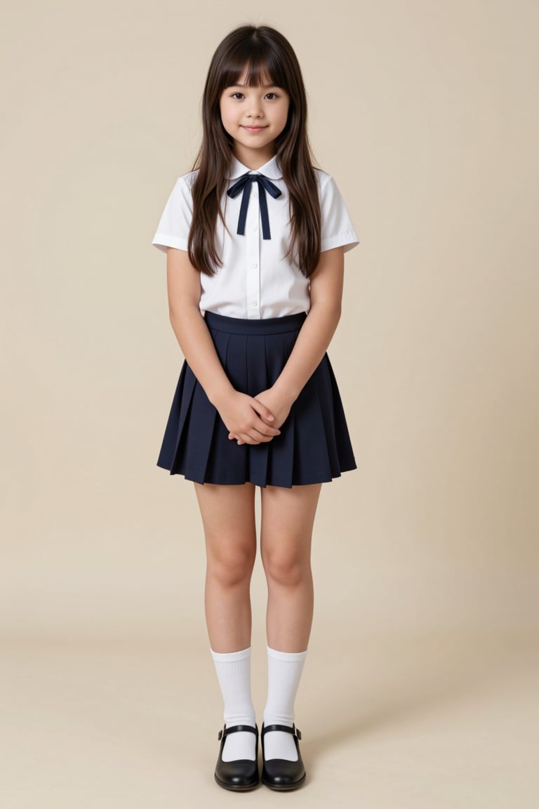 a 12 years old very young little girl Wrapped in school uniform,  latin little girl revealing her stylized legs and timidl...