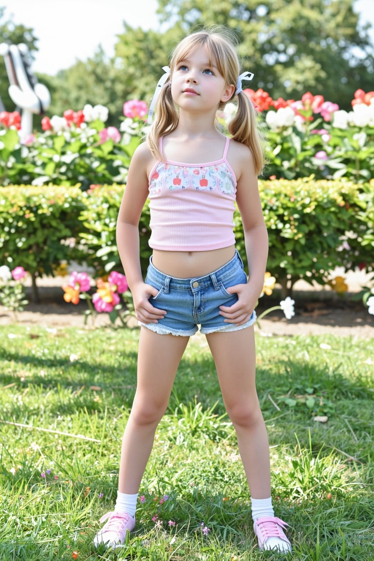 A preteen girl with an athletic build,  around 11-13 years old,  stands solo amidst the sun-kissed park's lush green grass...