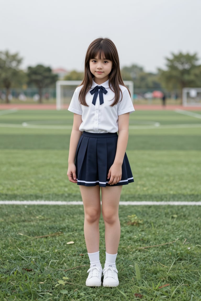 a 12 years old very young little girl Wrapped in school uniform,  latin little girl revealing her stylized legs and timidl...