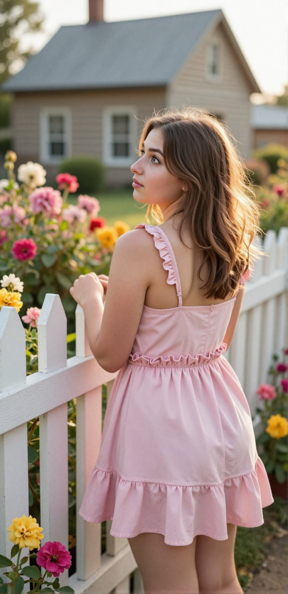 Shallow depth of field,  high-angle portrait,  a curious young woman in a pastel pink sundress with a ruffled hem by Imagi...