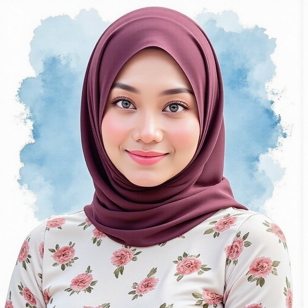 Full long shot a portrait ,  Asian woman hijab small flora and blouse pattern small flora,  beautiful by jusTomat on Tenso...