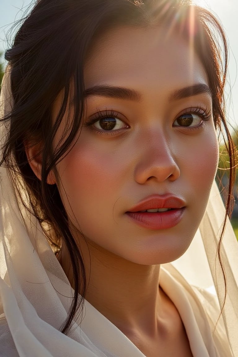A stunning 20-year-old beautiful woman close-up within the frame,  radiant with elegance. Backlit by warm sunlight,  looki...