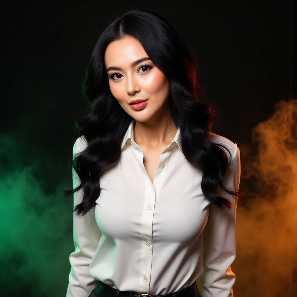 This image is an evocative,  high-definition picture of a breathtaking beautiful model captured in a low-light background....