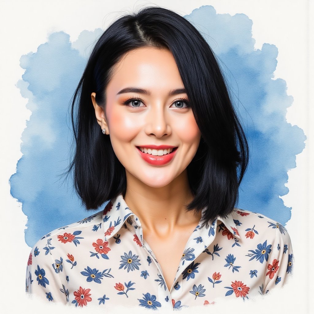 Full long shot a portrait ,  Asian woman short flowing black hair small flora and blouse pattern small flora,  beautiful b...