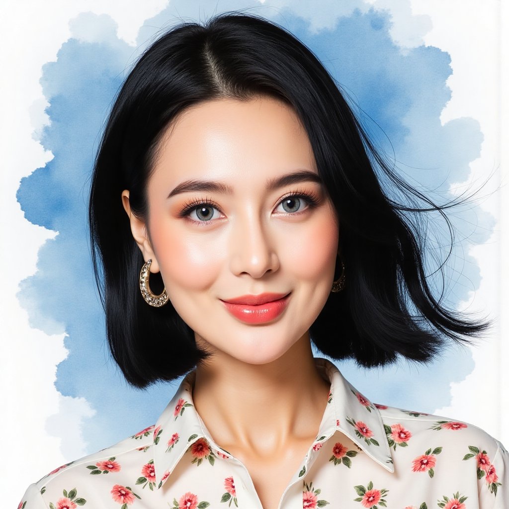 Full long shot a portrait ,  Asian woman short flowing black hair small flora and blouse pattern small flora,  beautiful b...