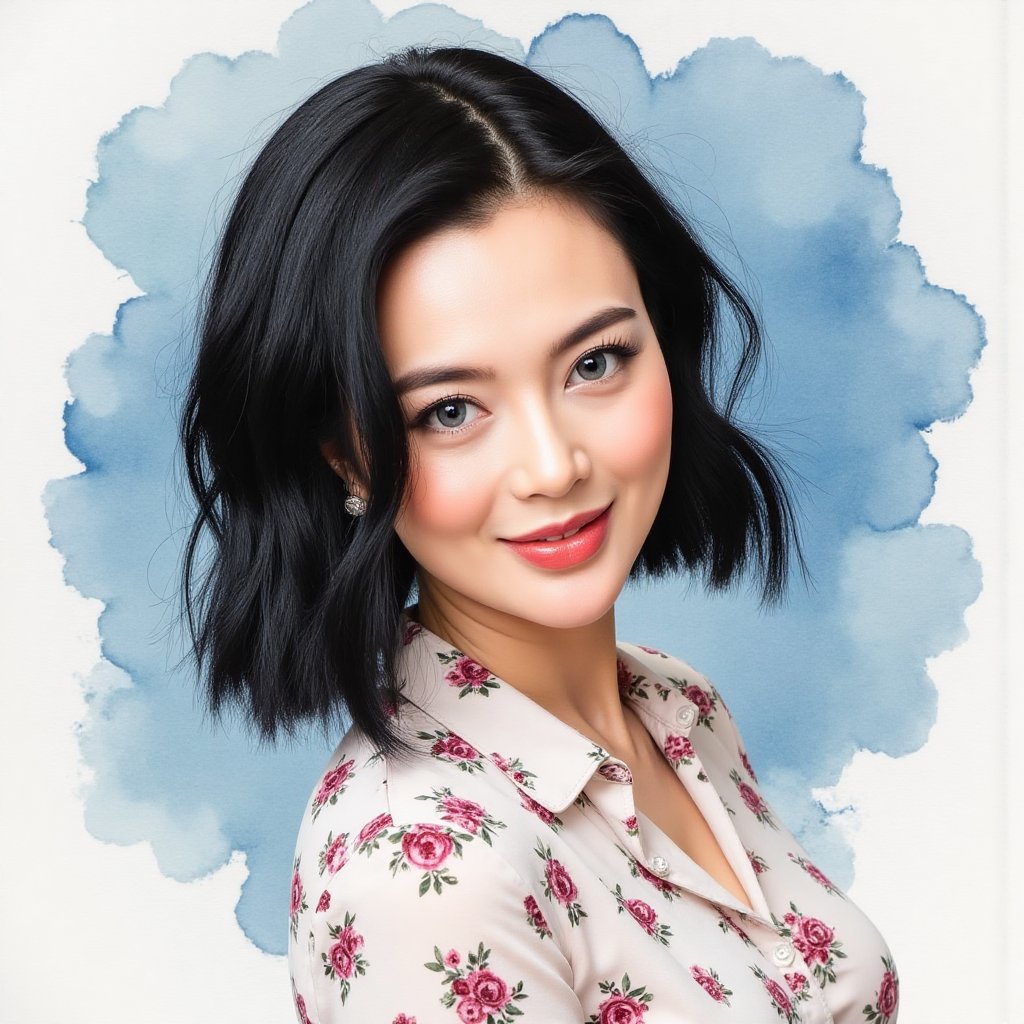 Full long shot a portrait ,  Asian woman short flowing black hair small flora and blouse pattern small flora,  beautiful b...
