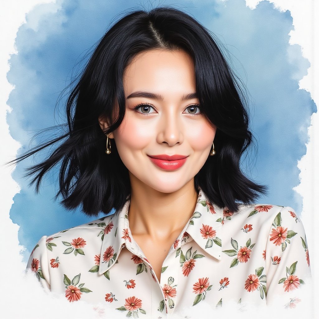 Full long shot a portrait ,  Asian woman short flowing black hair small flora and blouse pattern small flora,  beautiful b...