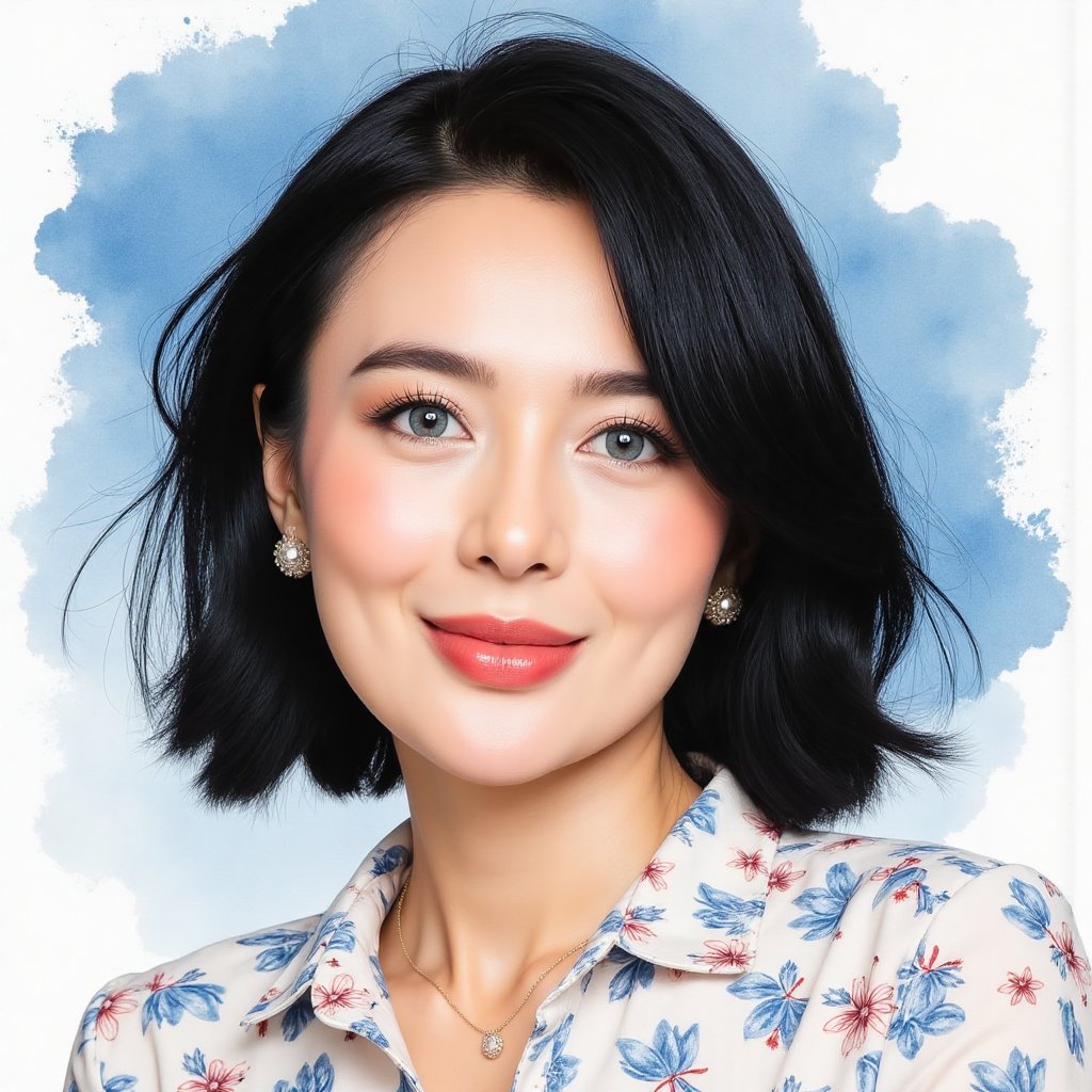 Full long shot a portrait ,  Asian woman short flowing black hair small flora and blouse pattern small flora,  beautiful b...