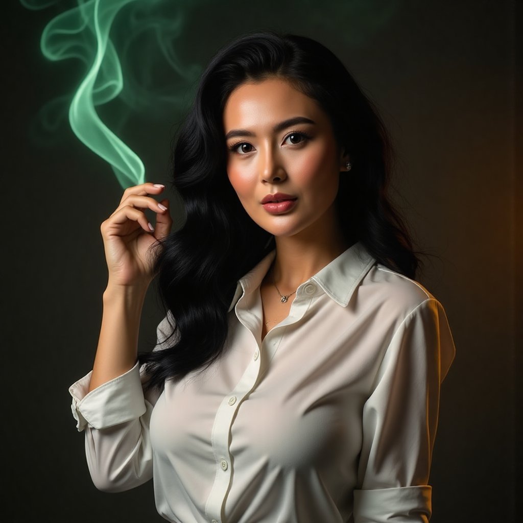 This image is an evocative,  high-definition picture of a breathtaking beautiful model captured in a low-light background....