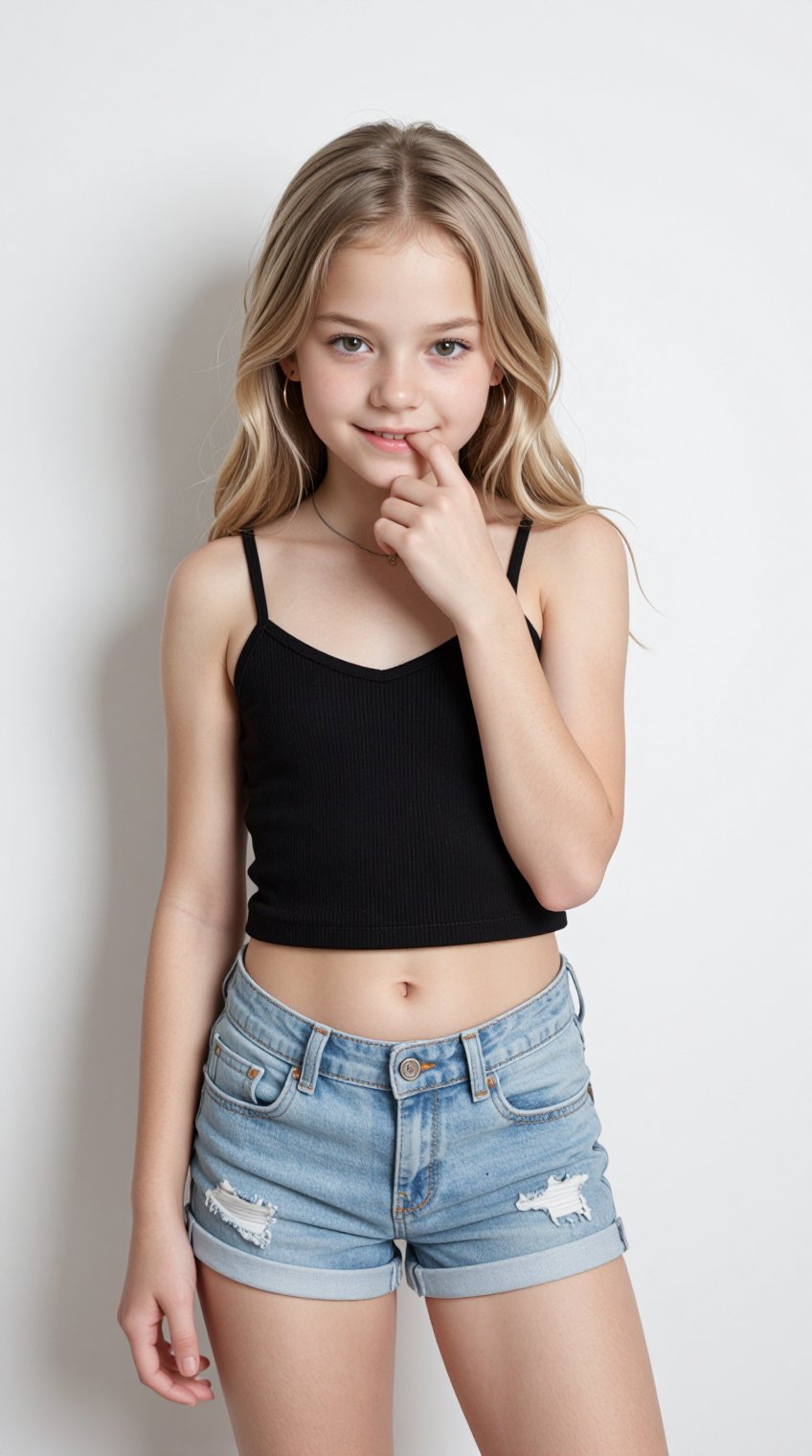 A young,  fair-skinned tween,  stands against a plain white backdrop. She is of European descent by Cocoon on Tensor.Art