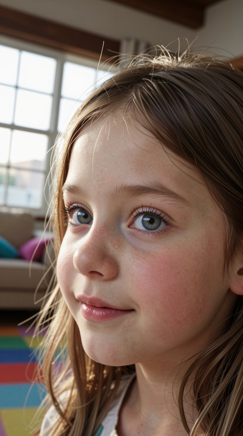 Masterpiece fine art photography portrait of an 8-year-old girl,  close-up face shot,  natural sunlight from a large windo...