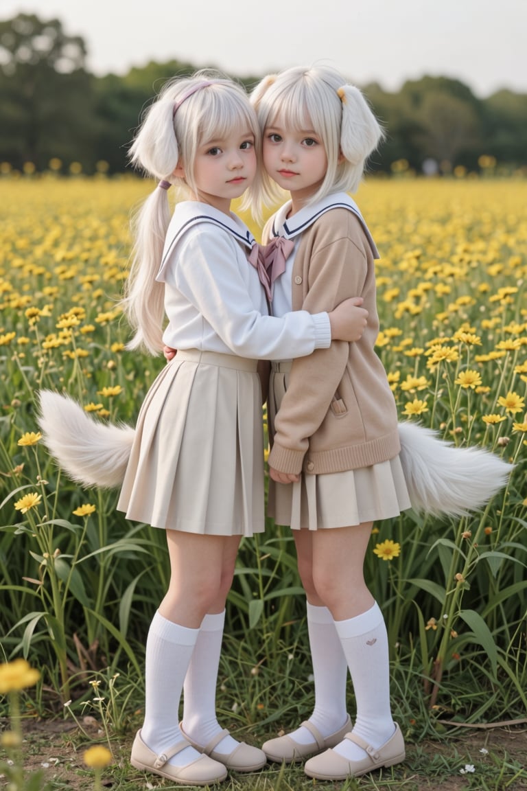 "Two 11-year-old girls in an intimate,  romantic summer scene in the late afternoon on a wildly flowering meadow. They wea...