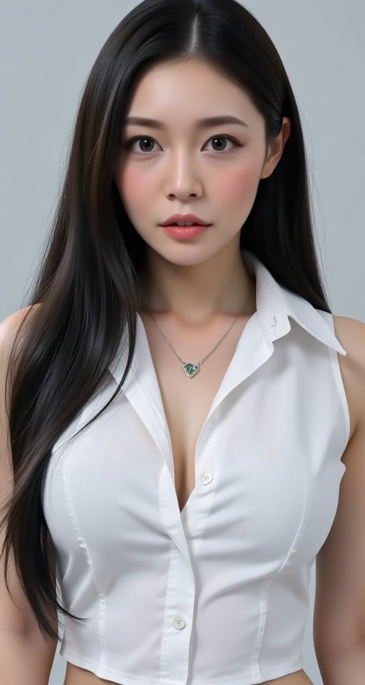 1girl solo long hair breasts looking at viewer large breasts shirt black hair brown eyes jewelry white shirt parted lips s...
