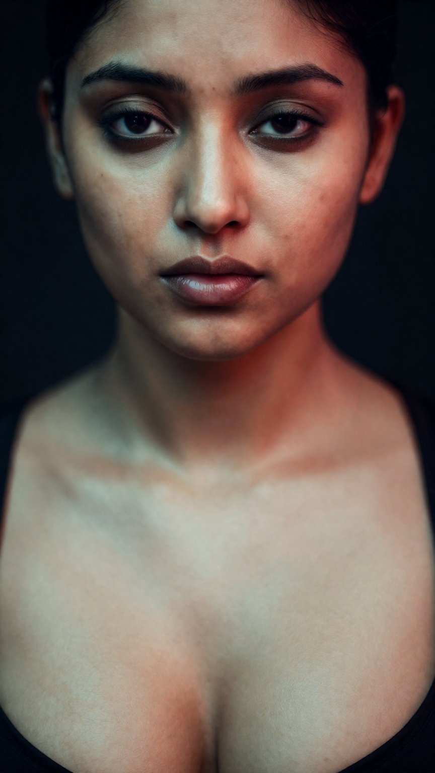 A beautiful south Asian woman face close up,  huge cleavage showing outfit,  fair skin in dark atmosphere theame by AI fac...