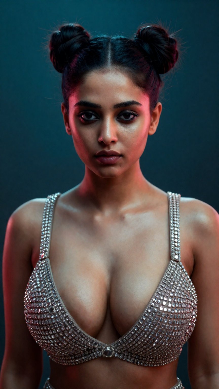 A beautiful south Asian woman with a double bun hairstyle,  dressed in a luxurious diamond-based outfit,  featuring huge e...