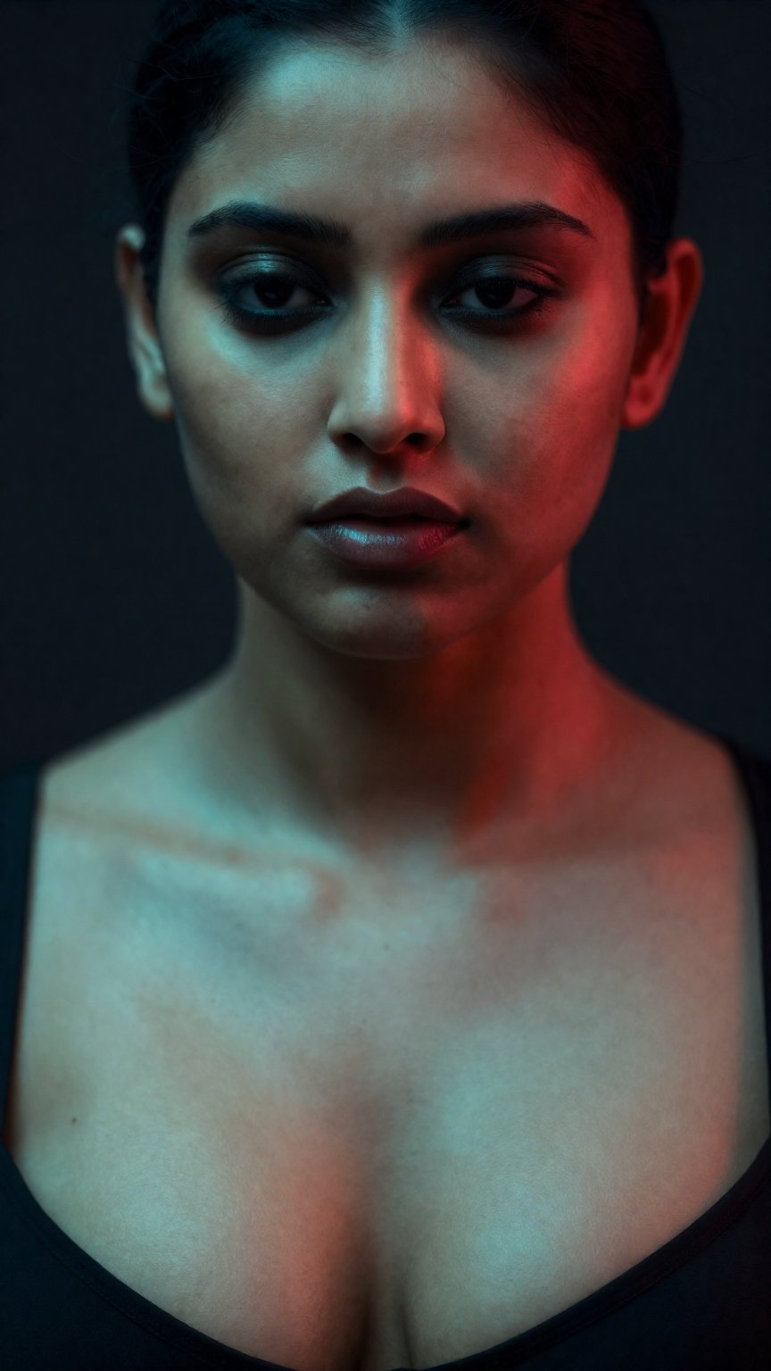 A beautiful south Asian woman face close up,  huge cleavage showing outfit,  fair skin in dark atmosphere theame by AI fac...
