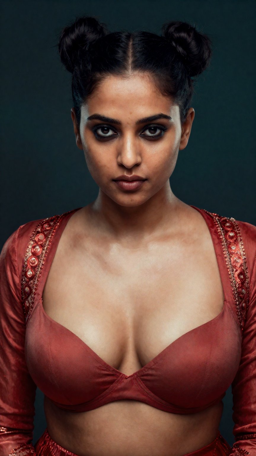 Create a stunning image of a beautiful South Asian woman with a double bun hairstyle,  wearing a luxurious and fashionable...