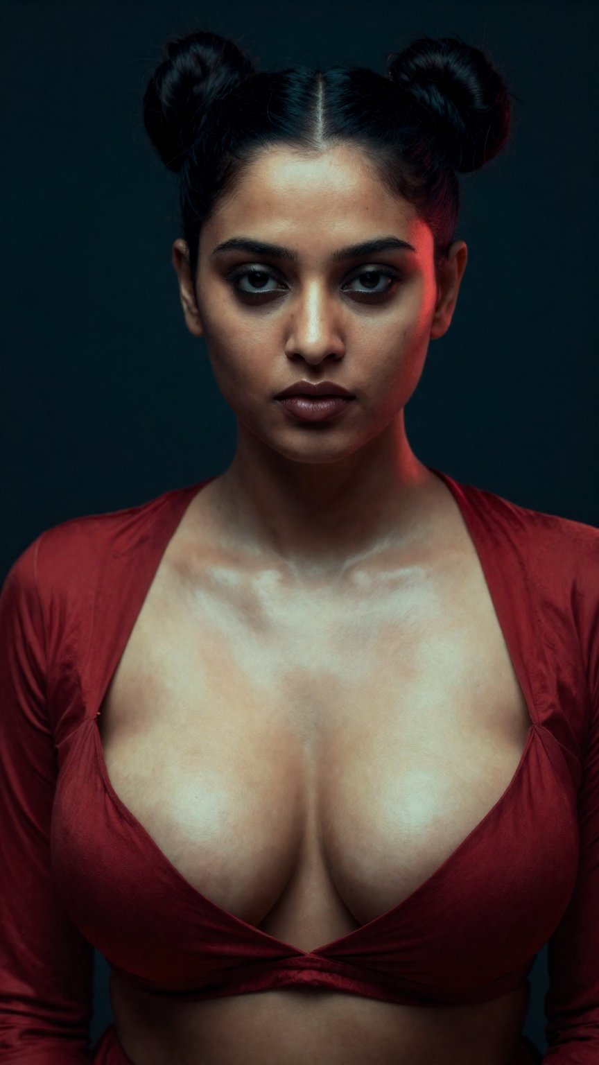 A beautiful South Asian woman with a double bun hairstyle,  wearing a luxurious and fashionable outfit with huge,  cleavag...