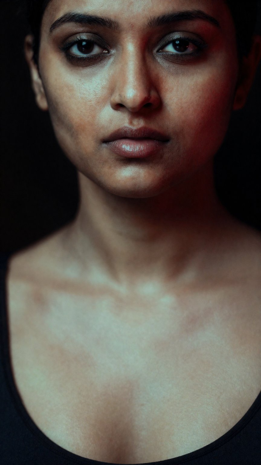 A beautiful south Asian woman face close up,  huge cleavage showing outfit,  fair skin in dark atmosphere theame by AI fac...